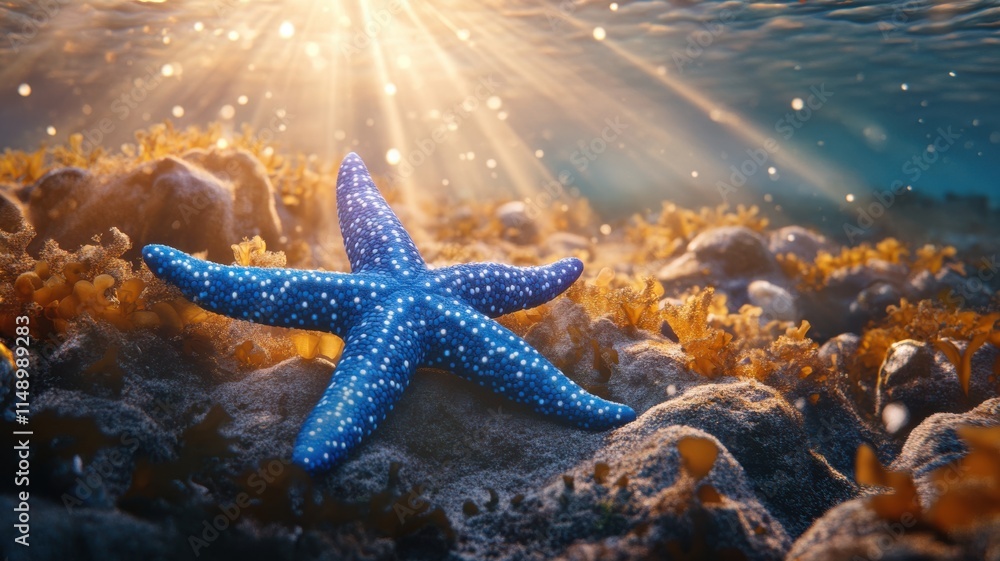 Blue sea star on coral reef, surrounded by polluted and murky waters Blue sea star on coral reef, surrounded by polluted and murky waters