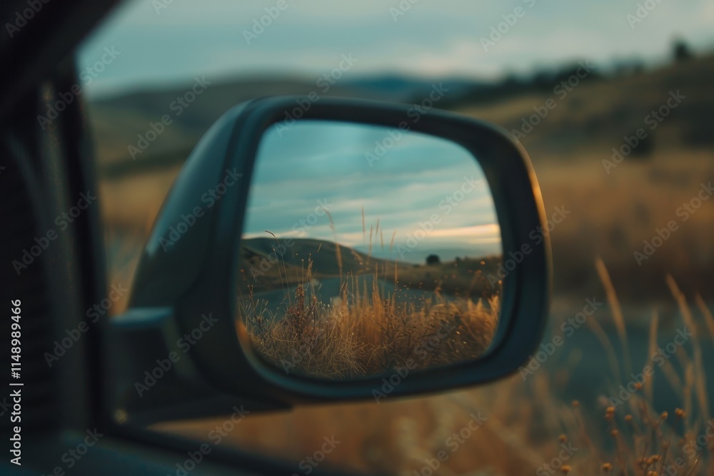 Reflection of a tranquil landscape in a car's side mirror during golden hour on a serene country road Reflection of a tranquil landscape in a car's side mirror during golden hour on a serene country road