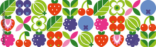 Abstract geometric seamless pattern with berries and leaves. Modern background. Organic food. Set of icons in simple flat bauhaus style. Vector illustration.