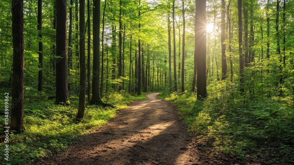 Obraz premium Tranquil Forest Pathway with Sunlight Filtering Through Trees