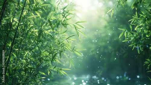 A tranquil scene of a misty morning in a bamboo forest, where tall bamboo stalks sway gently in the breeze, and soft light filters through the leaves, creating a peaceful and meditative atmosphere. photo