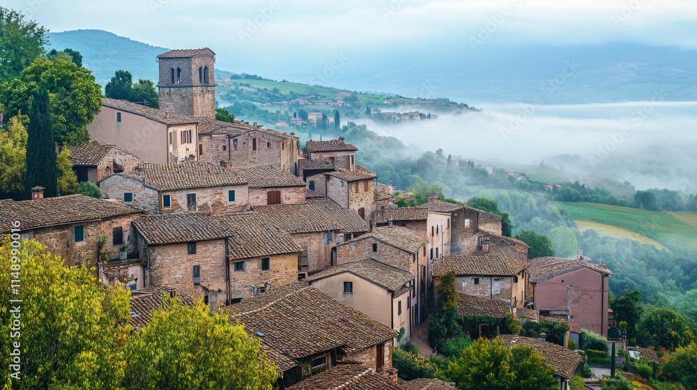 Misty Village on a Hillside: A Breathtaking European Landscape Misty Village on a Hillside: A Breathtaking European Landscape