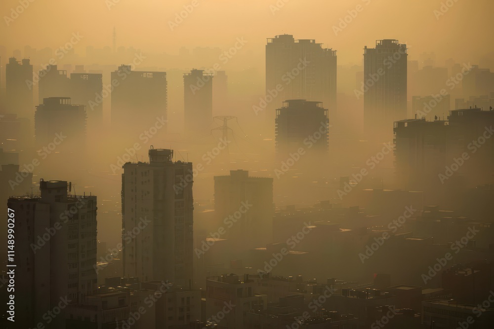 City skyline enveloped in fog during sunrise, showcasing towering skyscrapers and a serene atmosphere in the early morning City skyline enveloped in fog during sunrise, showcasing towering skyscrapers and a serene atmosphere in the early morning