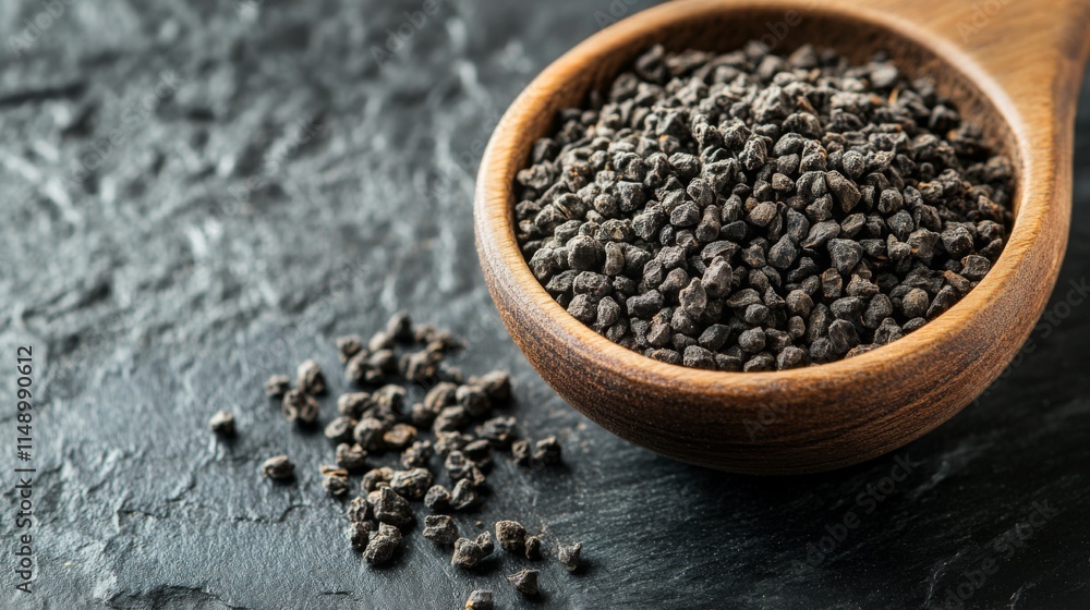 Black Nigella Seeds in Wooden Spoon on Dark Surface Black Nigella Seeds in Wooden Spoon on Dark Surface