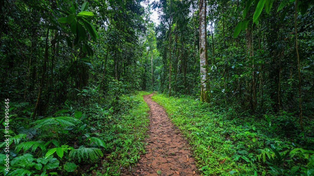 Fototapeta premium Serene Pathway Through Lush Green Tropical Rainforest Landscape