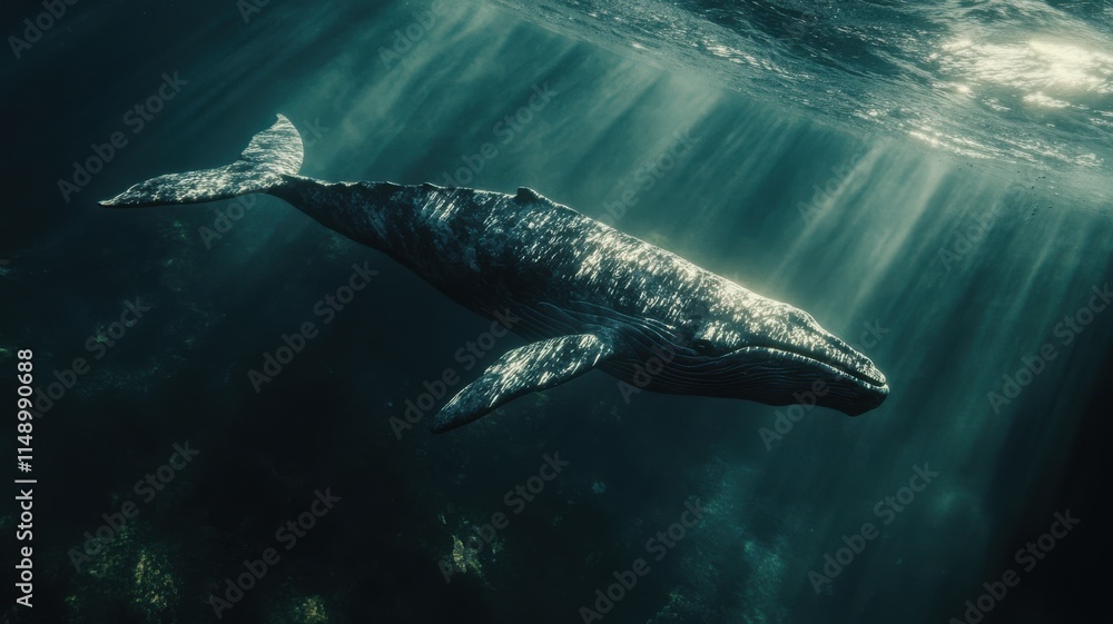 Fototapeta premium Whale in open waters with pollutants, emphasizing dangers to marine giants