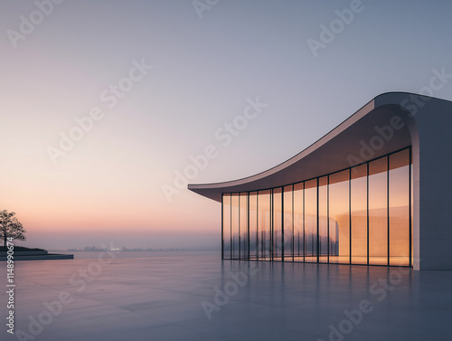 Moderne Architektur mit geschwungener Dachlinie bei Sonnenuntergang

 photo