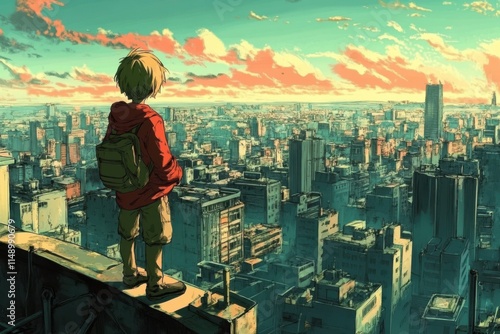 Anime characters on city rooftop, Reflecting on the city s flickering lights below, the character quiet contemplation reveals the coexistence of loneliness and connection amidst urban life. photo