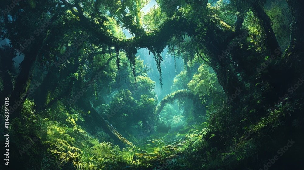 Lush Green Forest with Sunlight Streaming Through Dense Foliage Lush Green Forest with Sunlight Streaming Through Dense Foliage