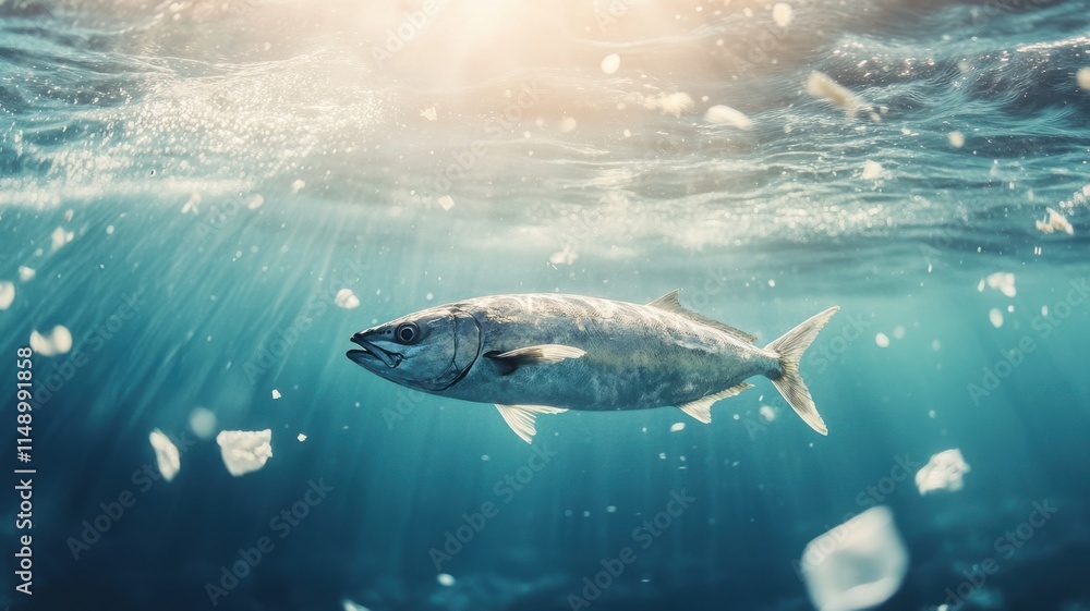 Fototapeta premium Polluted coastal waters with mackerel, sunlight reflecting on its body