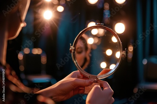 Individual observing reflection in makeup mirror under soft lighting in a dressing room setting during evening hours