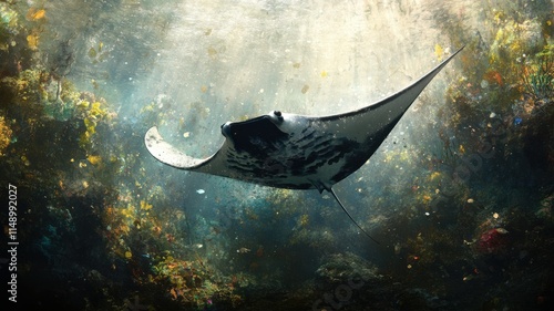 Manta ray in tainted waters, ethereal glow contrasting with pollution threats