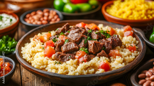 Delicious mexican arroz con carne with vegetables and sides in rustic setting