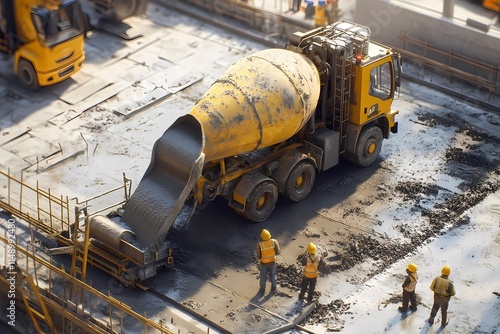 Concrete mixer pouring concrete into the foundation photo