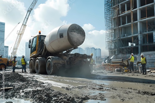 Concrete mixer pouring concrete into the foundation photo