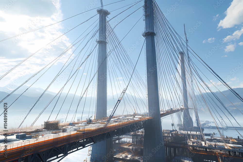 Modern bridge under construction with cables Modern bridge under construction with cables