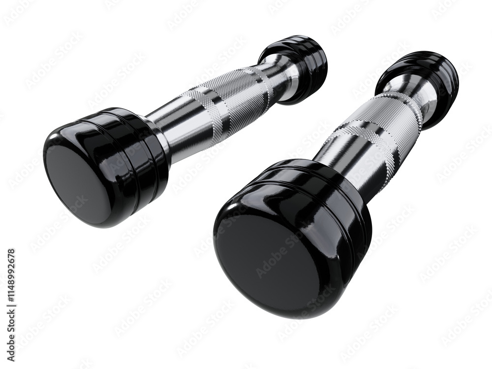 Two blank Round Dumbbells, black weightlifting gym equipment wide angle view, isolated on white background. 3D illustration Two blank Round Dumbbells, black weightlifting gym equipment wide angle view, isolated on white background. 3D illustration