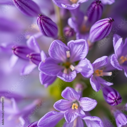 Extreme macro close-up intricate details of a group of purple campanula flowers are sharply in focus, revealing minute textures and forms
