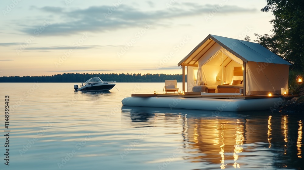 Fototapeta premium Luxury lakeside glamping tent at sunset with a boat.