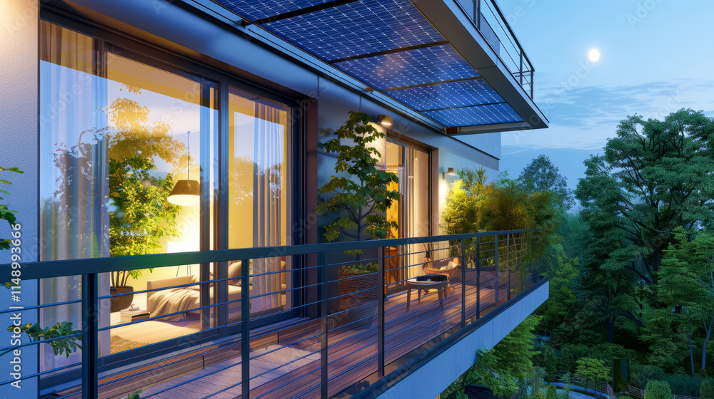 Modern eco-friendly balcony with solar panels and evening view Modern eco-friendly balcony with solar panels and evening view