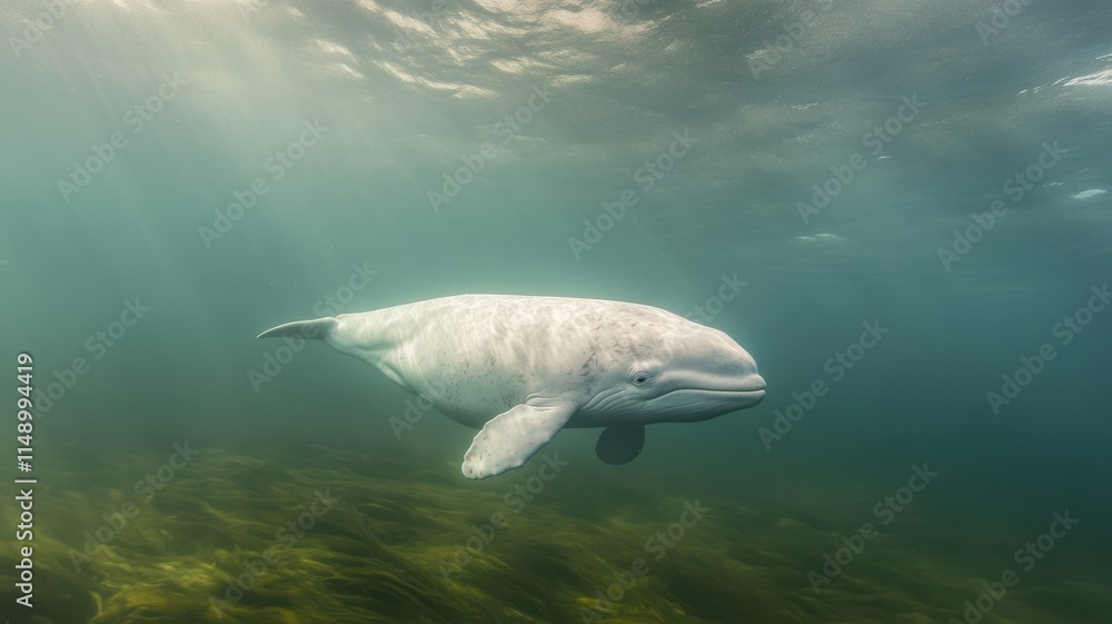 Fototapeta premium Beluga whale in arctic waters with microplastics, symbolizing vulnerability and pollution
