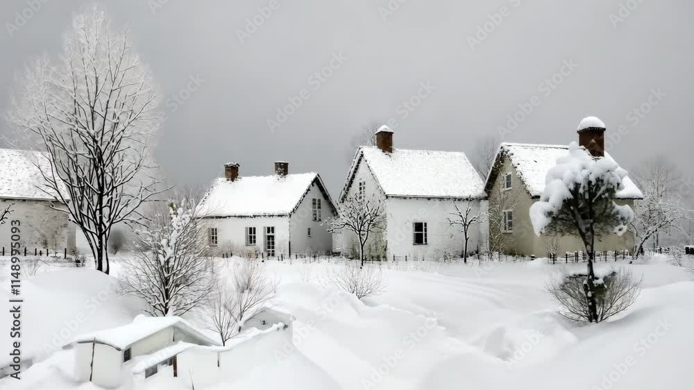 Snow-covered houses stand quietly in a winter landscape during a calm overcast morning Snow-covered houses stand quietly in a winter landscape during a calm overcast morning