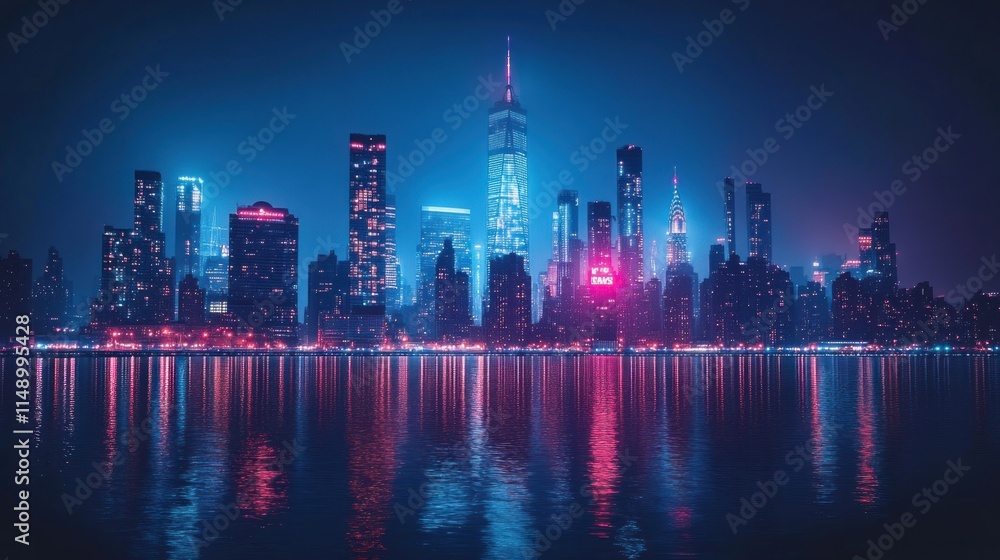 Fototapeta premium A vibrant city skyline at night, illuminated by colorful lights reflecting on water.