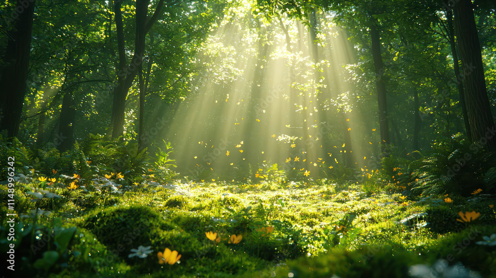 Obraz premium An enchanting forest scene during the early morning, where rays of sunlight pierce through the dense canopy, illuminating a carpet of vibrant green moss and wildflowers