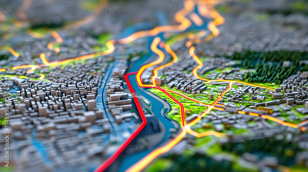 Close-up of a 3D city model with illuminated roads and a river. The detailed miniature cityscape showcases urban planning and infrastructure. Close-up of a 3D city model with illuminated roads and a river. The detailed miniature cityscape showcases urban planning and infrastructure.