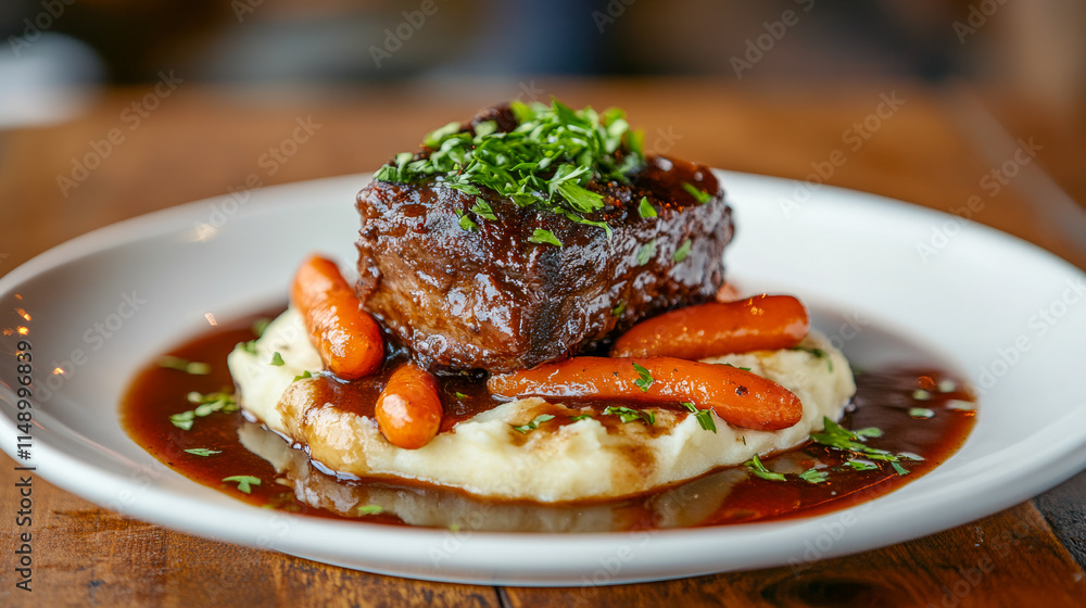 Braised beef short ribs with carrots on creamy mashed potatoes Braised beef short ribs with carrots on creamy mashed potatoes
