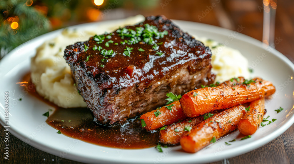 Succulent beef brisket with glazed carrots and creamy mashed potatoes Succulent beef brisket with glazed carrots and creamy mashed potatoes