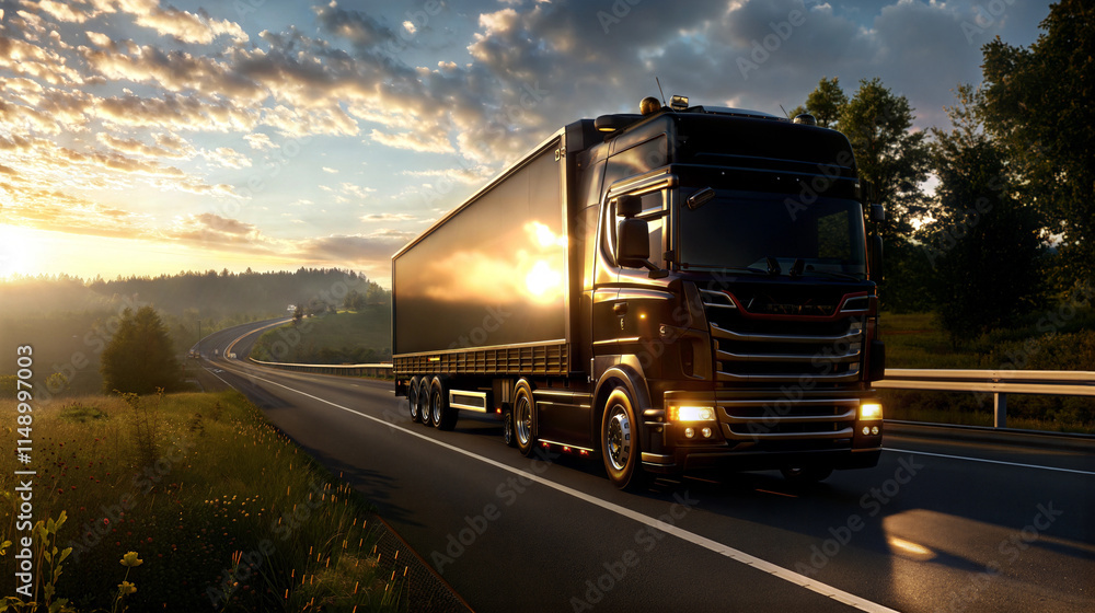 Twilight trucking journey on open highway sunset scene wide landscape environment Twilight trucking journey on open highway sunset scene wide landscape environment