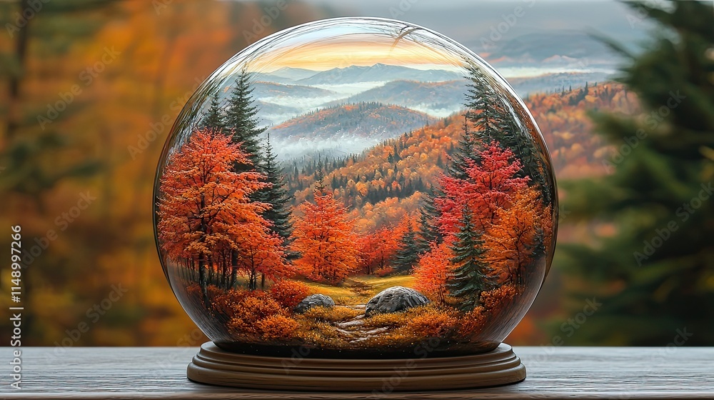 A snow globe depicting a vibrant autumn landscape with colorful trees and mountains. A snow globe depicting a vibrant autumn landscape with colorful trees and mountains.