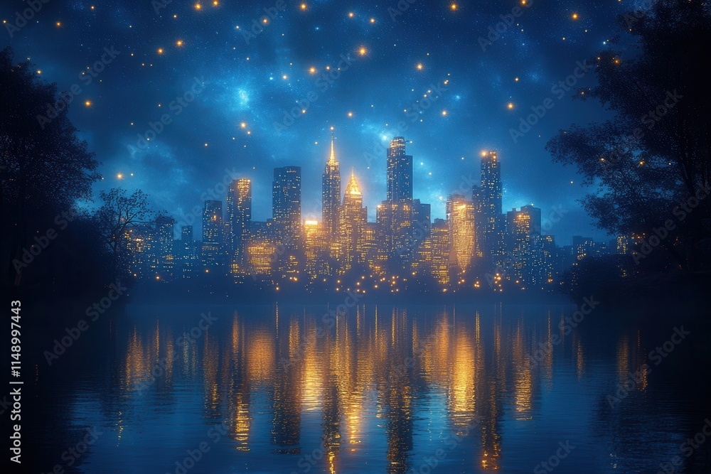 A serene city skyline at night, illuminated by lights reflecting on a calm water surface. A serene city skyline at night, illuminated by lights reflecting on a calm water surface.