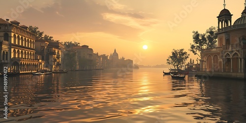 An Earth city with a stunning riverside view at sunset, where the warm glow of the setting sun reflects on the water, creating a peaceful and picturesque urban landscape with vibrant colors photo