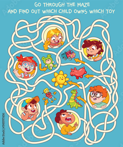 Children logic game to pass the maze. Go through the maze and find out which child owns which toy. Educational game for kids. Choose right path. Funny cartoon character. Worksheet page