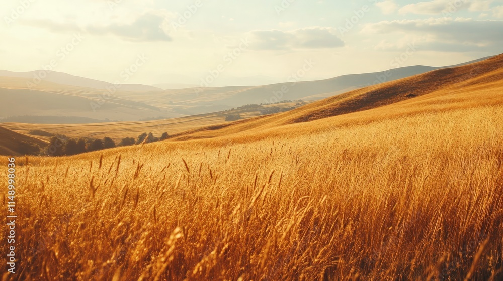 Golden Wheat Field Under Soft Sunlight in Scenic Landscape Golden Wheat Field Under Soft Sunlight in Scenic Landscape