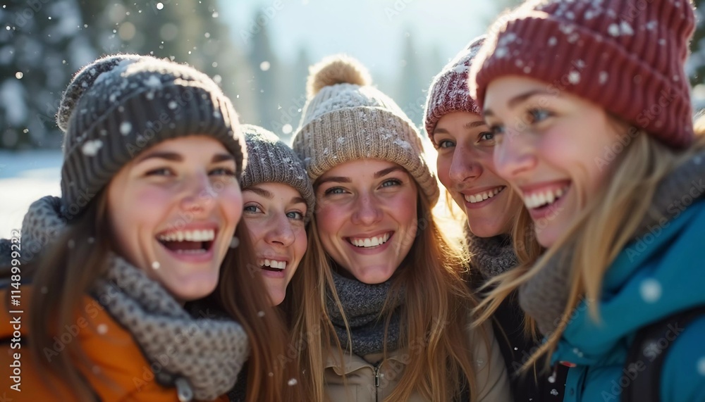 A group of friends celebrates winter in a snowy location, sharing laughter and joy while snowflakes gently fall around them, creating lasting memories together. Generative AI A group of friends celebrates winter in a snowy location, sharing laughter and joy while snowflakes gently fall around them, creating lasting memories together. Generative AI