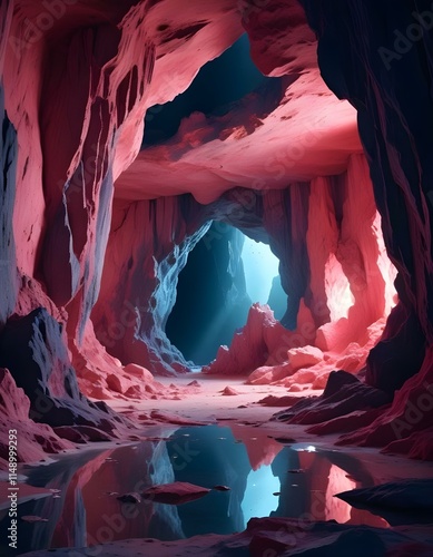 A large cosmic portal in the middle of an ancient pink cave, the walls made out with rocks, the ground is reflective white, magical and iridescent light reflections, high detail photo