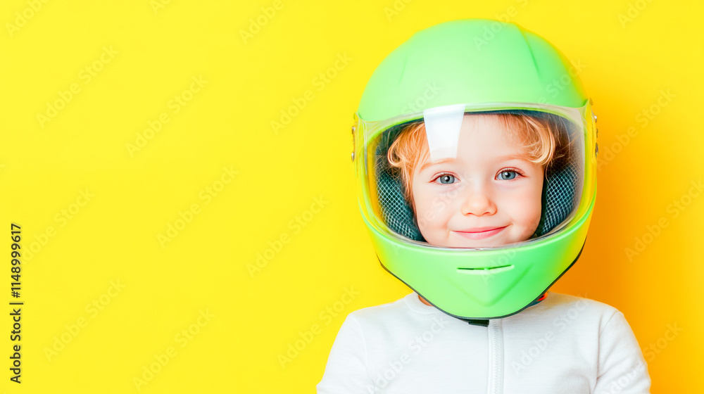 Smiling caucasian child wearing green helmet against yellow background Smiling caucasian child wearing green helmet against yellow background
