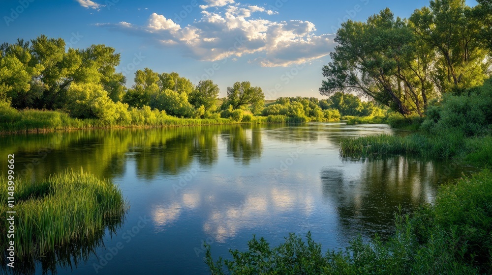 Serenity of a Calm River Surrounded by Lush Greenery and Blue Sky Serenity of a Calm River Surrounded by Lush Greenery and Blue Sky