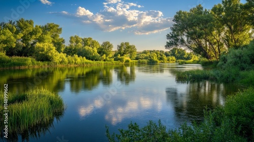 Serenity of a Calm River Surrounded by Lush Greenery and Blue Sky