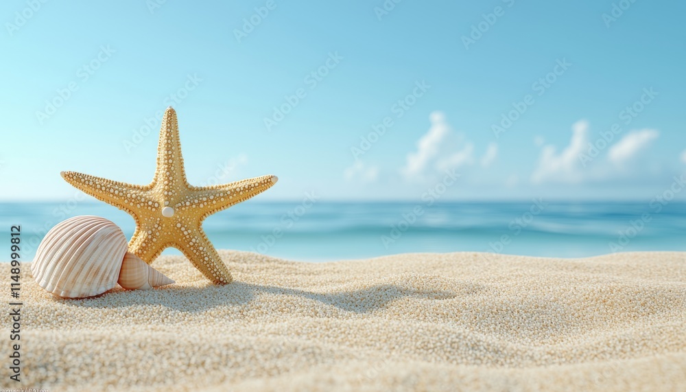 Starfish and Shells Resting on Sandy Beach Starfish and Shells Resting on Sandy Beach