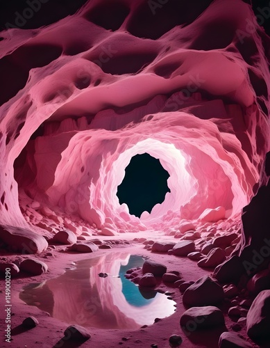 A large cosmic portal in the middle of an ancient pink cave, the walls made out with rocks, the ground is reflective white, magical and iridescent light reflections, high detail photo