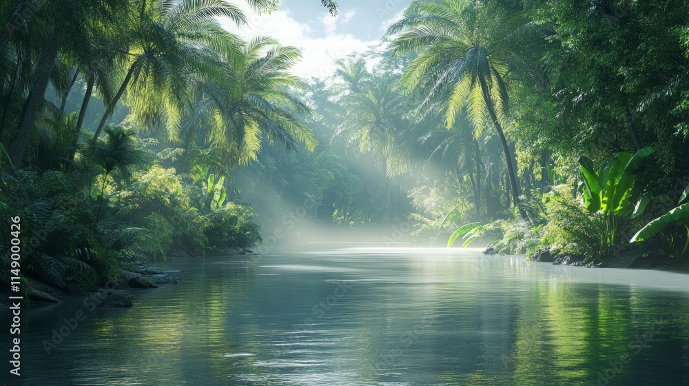 Serene Jungle River Surrounded by Lush Greenery and Tropical Plants Serene Jungle River Surrounded by Lush Greenery and Tropical Plants