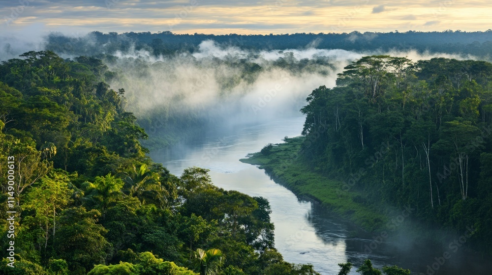 Lush Amazon Rainforest with River and Misty Morning Light Lush Amazon Rainforest with River and Misty Morning Light