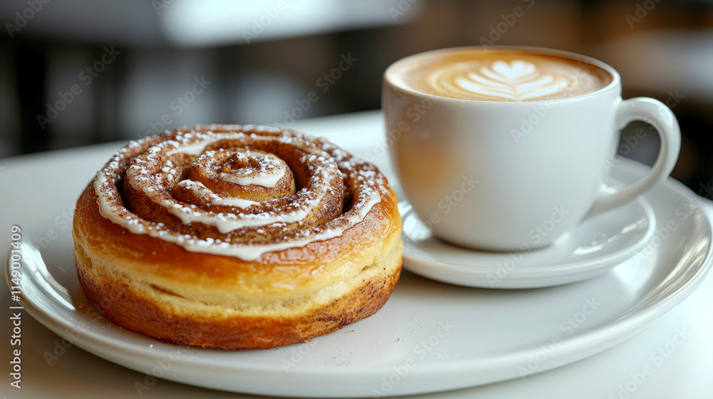 Fresh cinnamon roll and latte on white plate in cozy cafe setting Fresh cinnamon roll and latte on white plate in cozy cafe setting