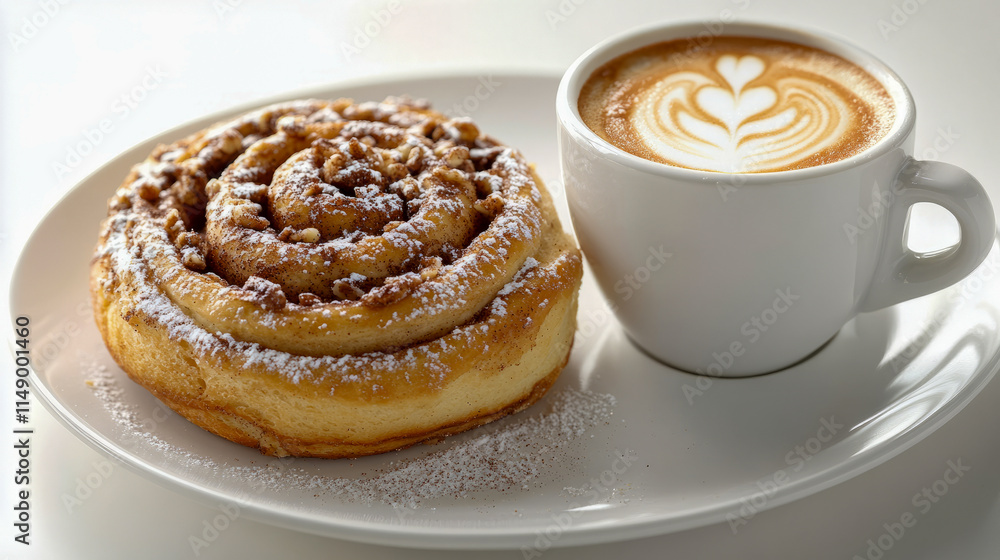 Cinnamon roll with icing and cappuccino on white plate Cinnamon roll with icing and cappuccino on white plate