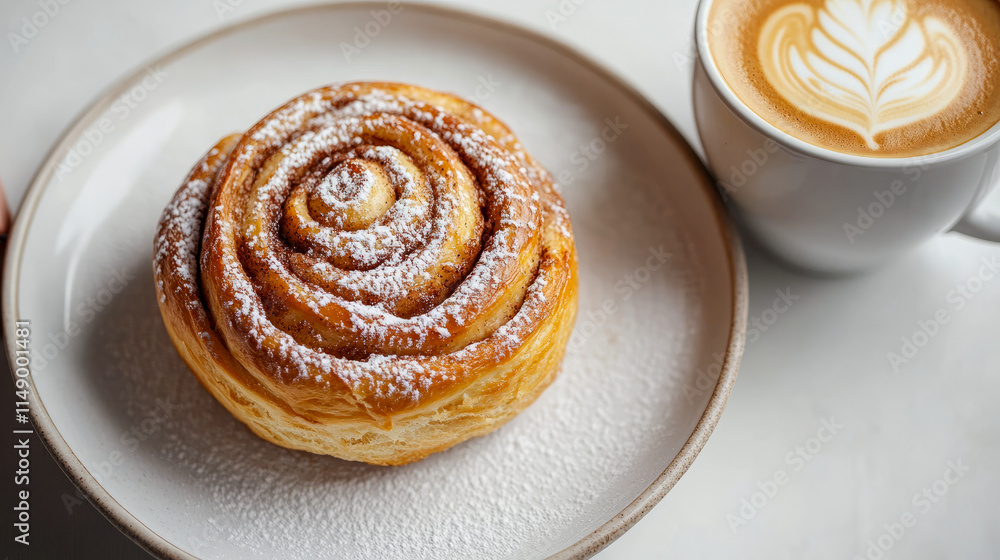 Cinnamon roll with latte art coffee on white plate Cinnamon roll with latte art coffee on white plate