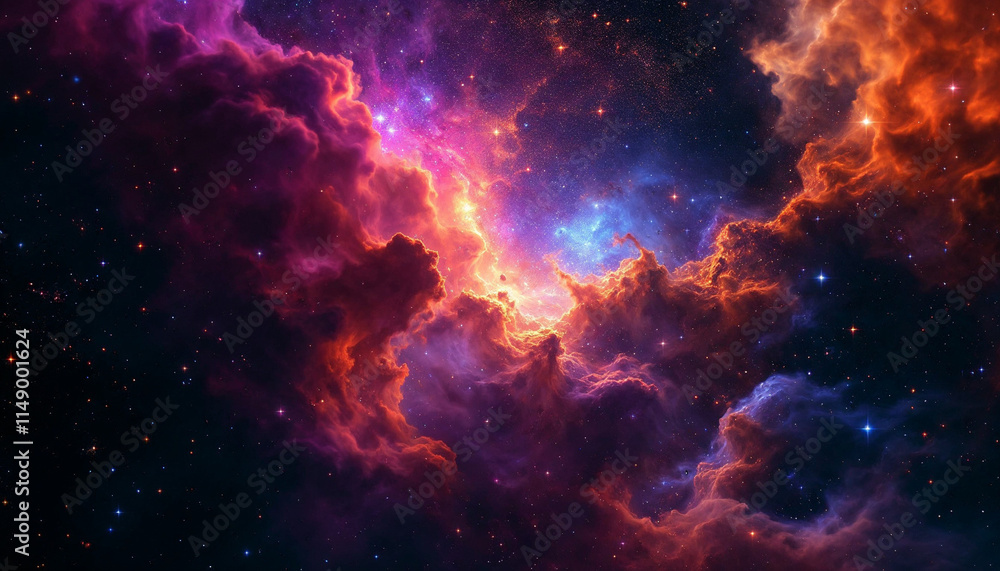 Vibrant cosmic clouds illuminated by distant stars in a galaxy filled with color and mystery Vibrant cosmic clouds illuminated by distant stars in a galaxy filled with color and mystery